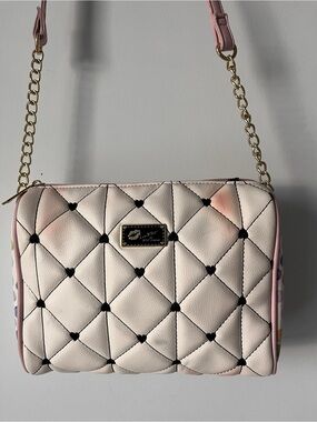 Betsey Johnson Quilted Crossbody Bag Hearts Cream Pink Chain Strap Y2K